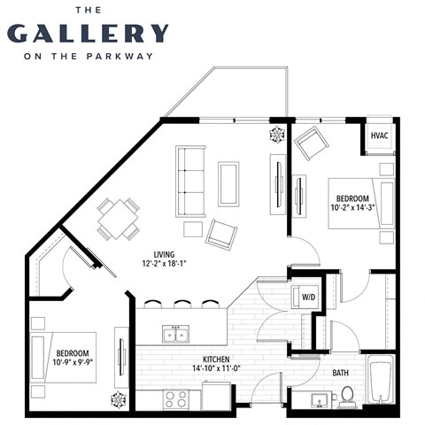 Floor plan for 2 beds, 1 bath, 1003 sqft